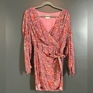 Sezane Noemia Dress Pink Floral Faux Wrap Tie V-Neck Long Sleeve Mini 38 US 6